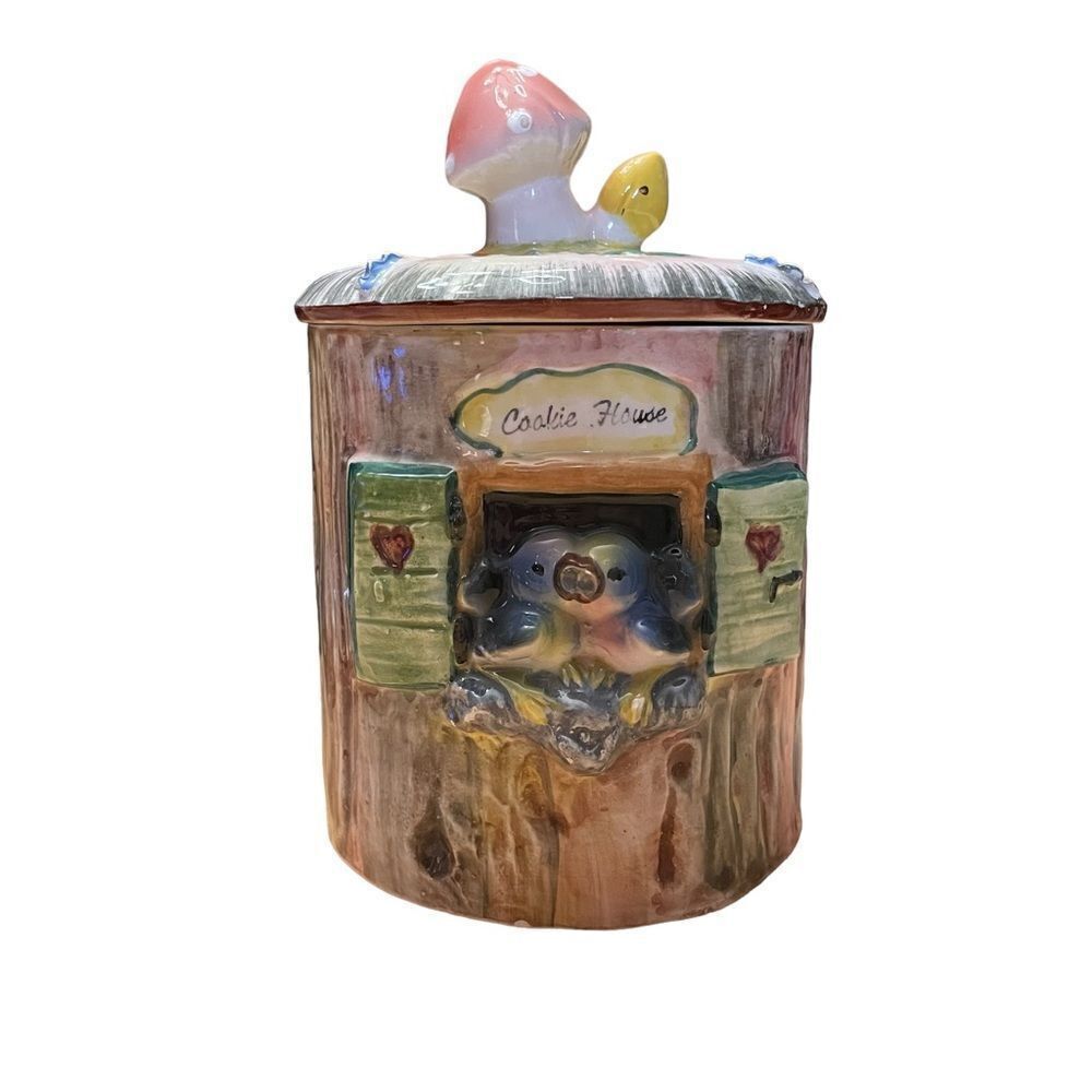 Vintage Cookie House Lovebirds Mushroom Ceramic Cookie Jar Italy
